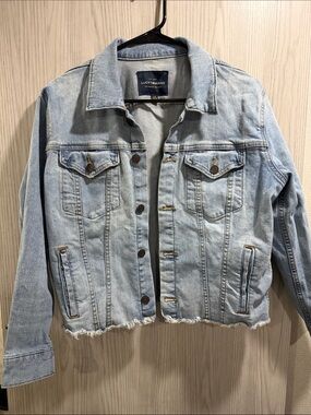 Lucky Brand Faded Light Blue Denim Jacket with Frayed Hem